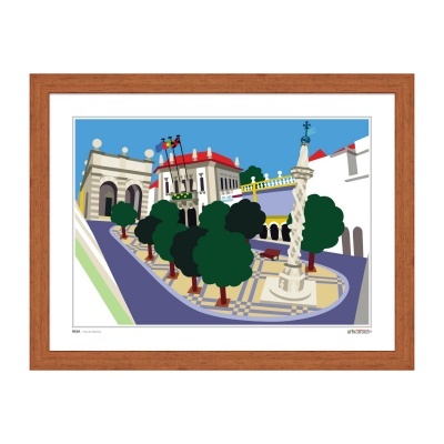 quadro ilustrativo de rua com árvores e coluna em moldura de madeira