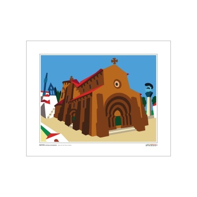 Ilustração de uma igreja castanho-avermelhada com telhado vermelho e céu azul