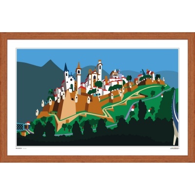 Imagem digital de vila medieval com castelo e vegetação, moldura madeira