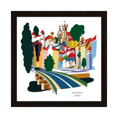 Ilustração colorida de Águeda com edifícios e árvores numa moldura preta.