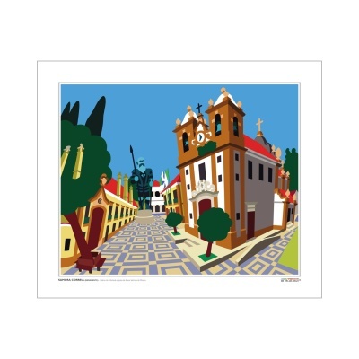 Ilustração de praça urbana com igreja histórica e estátuas em cores vivas