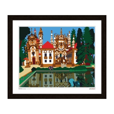 Ilustração de edifício ornamentado com torres e árvores refletido numa lagoa, emoldurado em castanho escuro.