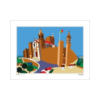 Ilustração de castelo com bandeira de Portugal sob céu azul