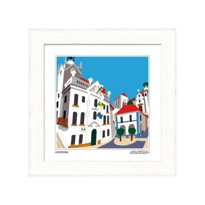 Quadro decorativo com ilustração de edifícios tradicionais e texto ODEMIRA