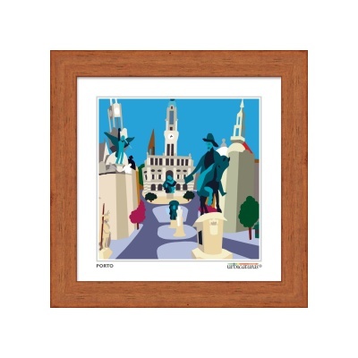 Quadro ilustrativo da cidade do Porto com estátuas e edifícios em moldura de madeira.