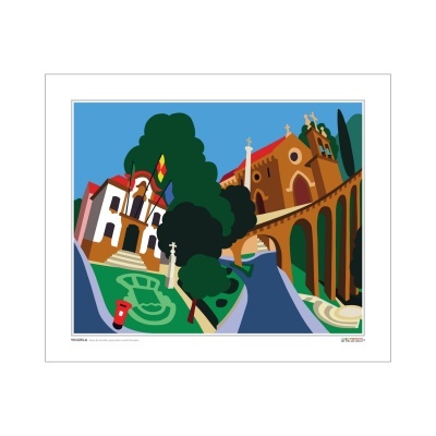 Ilustração colorida de cenário urbano com edifícios históricos e árvores