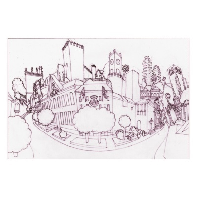 Desenho a lápis de cidade com edifícios e árvores