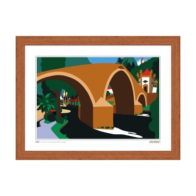 Imagem digital de ponte arqueada castanha com árvores e edifício com telhado vermelho em moldura de madeira.