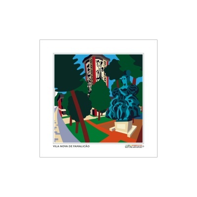 Reprodução artística digital colorida de escultura em jardim com prédio ao fundo em Vila Nova de Famalicão