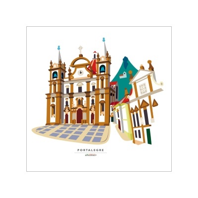 Ilustração de edifícios tradicionais de Portalegre com texto