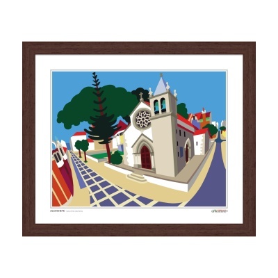 Obra de arte colorida de igreja e rua emoldurada