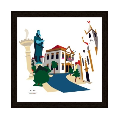 Ilustração emoldurada de uma rua com edifícios, estátua e árvores em cores vivas