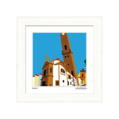 Ilustração estilizada de edifício histórico com torre emoldurada