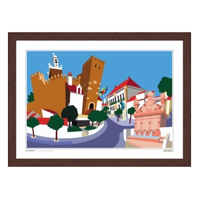 Ilustração colorida do Castelo de Alandroal com fonte e edifícios à volta