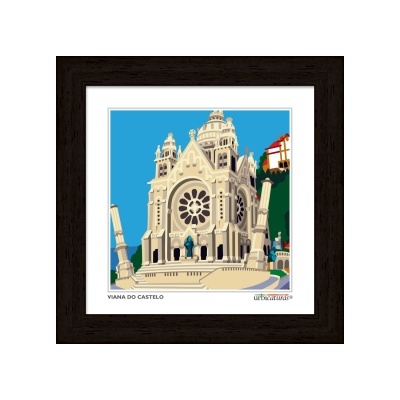 Ilustração de igreja clássica emoldurada com texto VIANA DO CASTELO