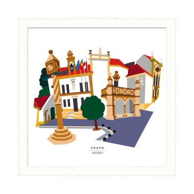 Ilustração de edifícios históricos e marcos do Crato em moldura branca