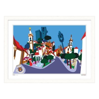 Pintura colorida de uma rua com casas, árvores e castelos, em moldura branca