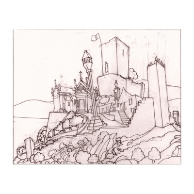 Desenho a lápis de uma paisagem com edifícios, escadas e vegetação