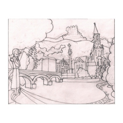 Desenho urbano a lápis com ponte, igreja, casas e pessoa