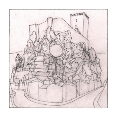 Desenho a lápis de uma paisagem urbana com castelo numa colina