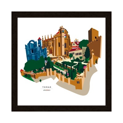 Ilustração colorida de monumento histórico de Tomar em moldura preta