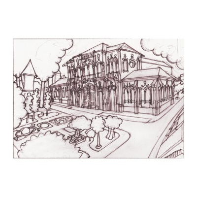 Desenho a linha marrom de edifício histórico com janelas arqueadas e jardim