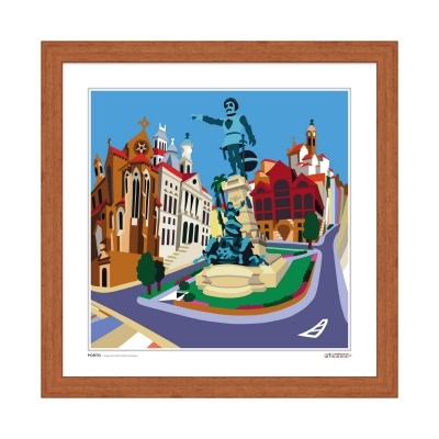 Ilustração estilizada de praça com monumento e edifícios coloridos em Porto