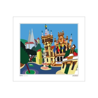 Ilustração colorida de edifícios históricos com fontes e árvores.