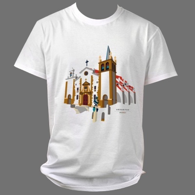 T-shirt branca com imagem colorida de igreja e bandeiras vermelhas e brancas