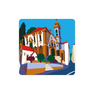 Ilustração colorida de igreja com fachada branca, detalhes castanhos e telhado vermelho