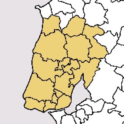 Mapa de Portugal com várias regiões a amarelo