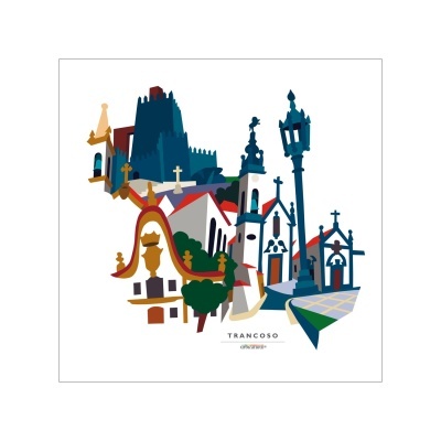 Ilustração colorida de edifícios e monumentos de Trancoso com design arquitetónico distinto.