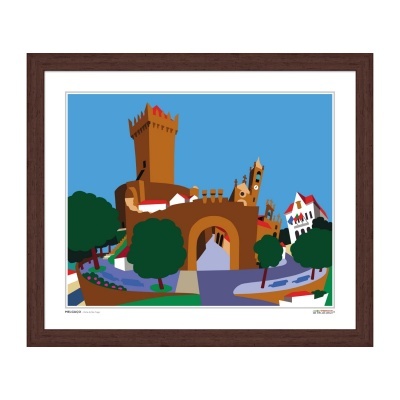 Ilustração quadro com castelo, árvores verdes e casas com telhados vermelhos