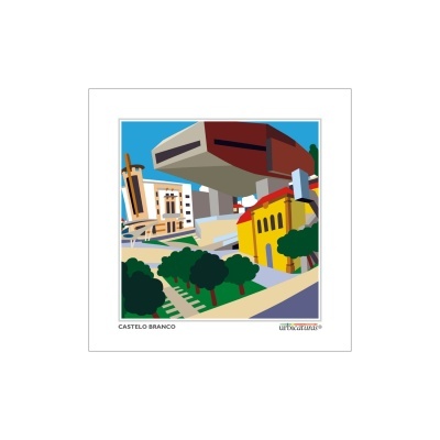 Ilustração colorida de edifícios em Castelo Branco com árvores e texto