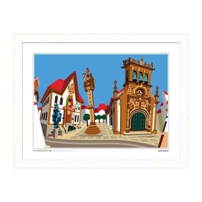 Ilustração de arquitetura tradicional com igreja e coluna numa praça