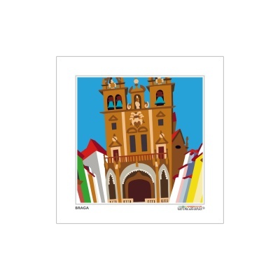 Postal com ilustração colorida de uma igreja em Braga