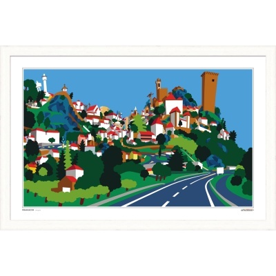 Gravura emoldurada de vila colorida com estrada e torres