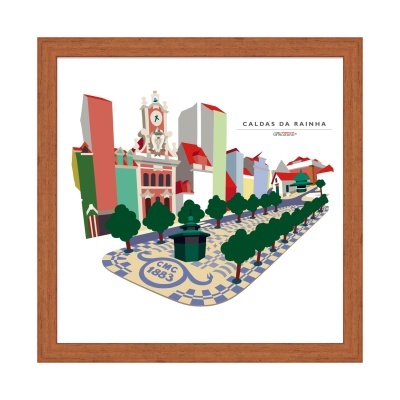 Quadro ilustrativo de rua em Caldas da Rainha com árvores e edifícios coloridos