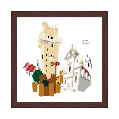 Ilustração decorativa da Torre de Menagem e Igreja de Santa Maria em Beja com moldura castanha