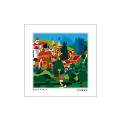 Ilustração colorida de vila portuguesa com edifícios e árvores