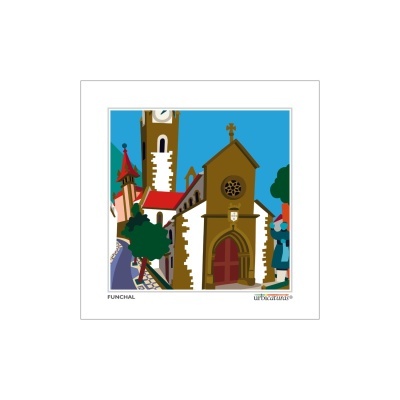 Ilustração colorida de igreja com torre, árvores e estrada, texto FUNCHAL