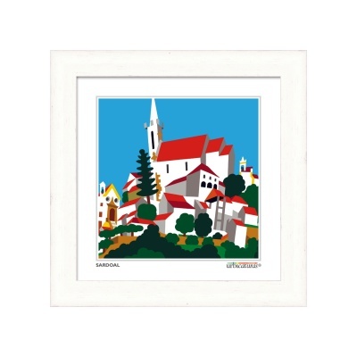 Quadro branco com imagem gráfica colorida de vila com igrejas e árvores
