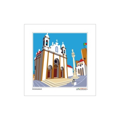 Ilustração de igreja branca com torres e bandeira de Portugal ao fundo