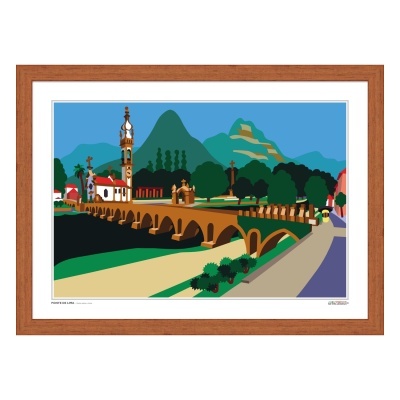 Ilustração gráfica colorida de ponte com arcos e igreja ao fundo