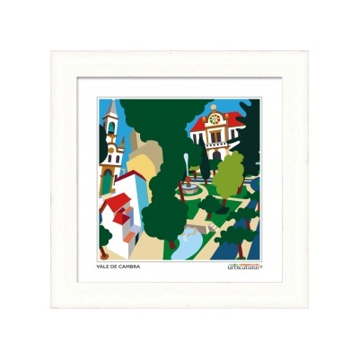 Quadro branco com ilustração colorida de cenário urbano com árvores e edifícios