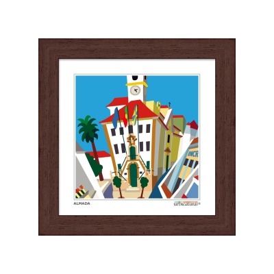 Quadro digital colorido com edifício em Almada e torre de relógio