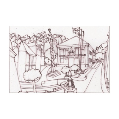 Desenho a lápis de paisagem urbana com edifícios, árvores e praça