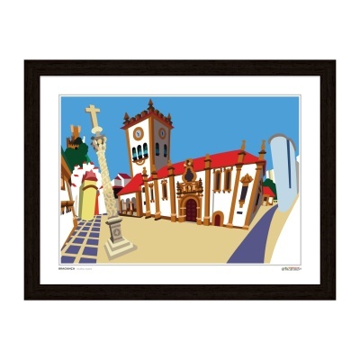 Ilustração digital de edifício histórico com torre e poste com cruz em quadro de madeira escura