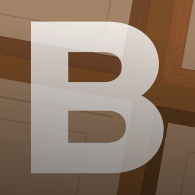 Letra B branca grande sobre fundo de molduras quadradas bege e castanhas