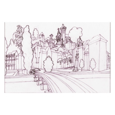 Desenho a tinta de uma paisagem urbana com edifícios, árvores e estrada curva